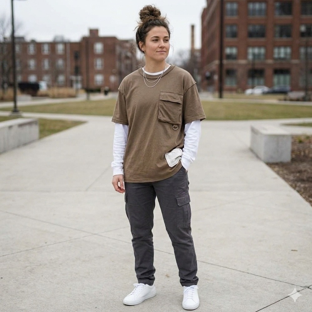 mnml Cargo Pocket T-Shirt Minimalist Women Medium Brown Tactical D-Ring Patch